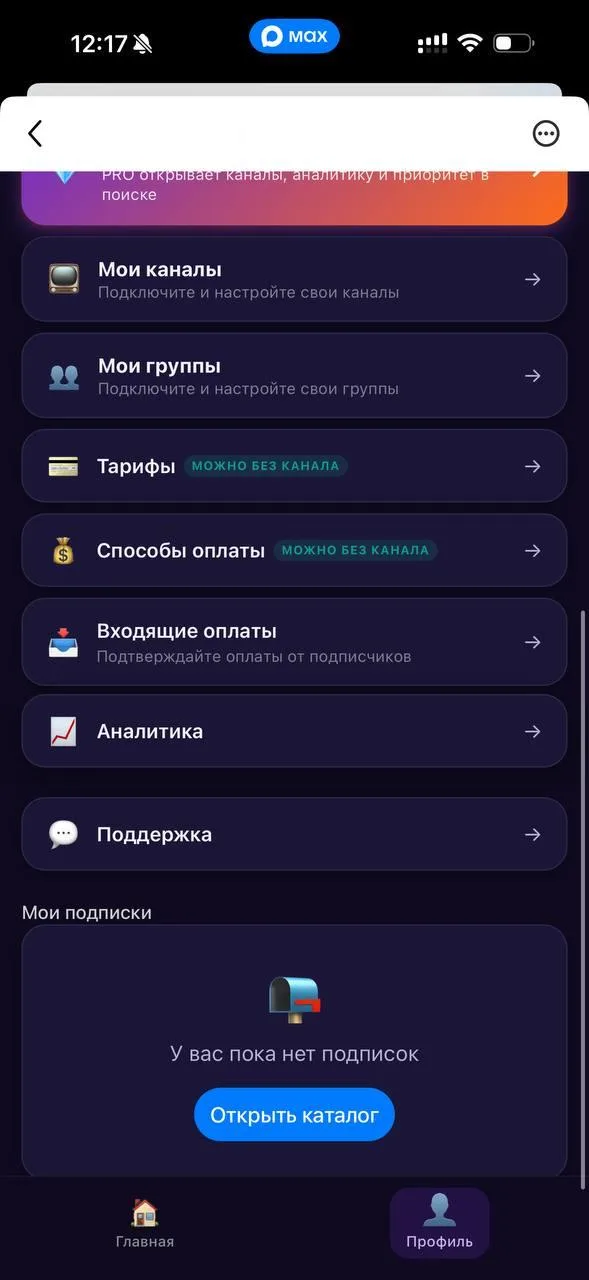 Личный кабинет автора — каналы, аналитика и поддержка в Mini App Клаб by MAX Bit